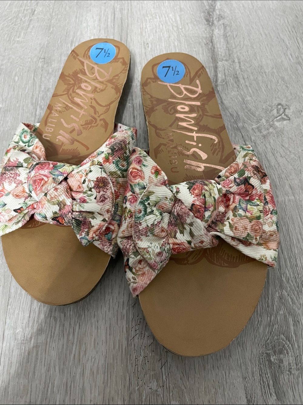 Blowfish Floral Knot Slide Sandals - Tan Footbed with Pink & Green Accents